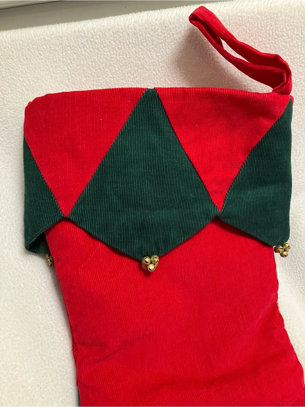 retired Pier 1 Imports patchwork quilt Christmas stocking. Red heart. Tiny bells
